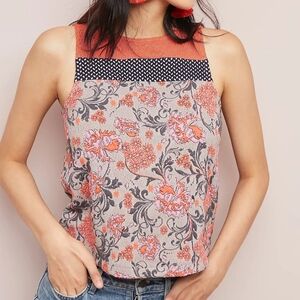 Meadow Rue by Anthropologie Poppy Jacquard Tank Top Grey Orange Pink Button S